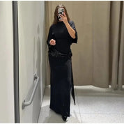 Carmen | Vestido Maxi Negro con Manga Murciélago y Cinturón con Lentejuelas