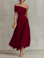 Nerea | Vestido Midi Off-Shoulder con Falda Evasé y Drapeado