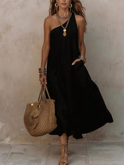 Sofía | Vestido Midi de Lino One-Shoulder con Bolsillos