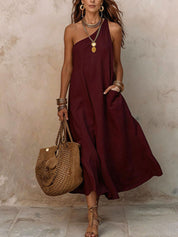 Sofía | Vestido Midi de Lino One-Shoulder con Bolsillos