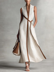 Lucía | Vestido Maxi sin Mangas con Vivos en Camel y Escote V Cruzado