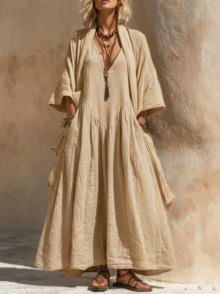 Adriana | Vestido Maxi Oversize de Lino con Manga Amplia y Bolsillos