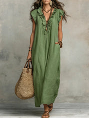 Valeria | Vestido Maxi Camisero de Lino con Manga con Volante y Escote V con Lazo