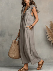Valeria | Vestido Maxi Camisero de Lino con Manga con Volante y Escote V con Lazo