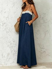 Elena | Vestido Maxi de Tirantes con Detalle en Encaje y Bolsillos