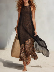 Elena | Vestido Maxi con Sobreposición en Chiffon Negro y Forro Animal Print