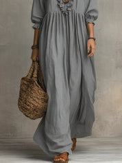 Elena | Vestido Maxi Boho de Lino con Escote V Fruncido y Manga Larga Suelta