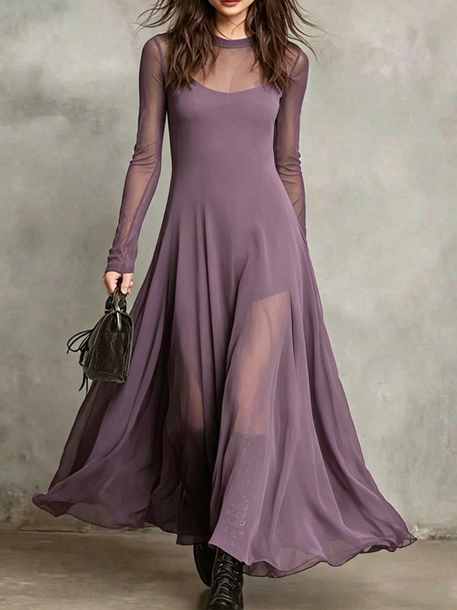 Valeria | Vestido Maxi de Manga Larga con Falda en Chiffon y Abertura Frontal