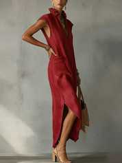 Nerea | Vestido Midi de Lino sin Mangas con Cuello Camisero y Bajo Asimétrico